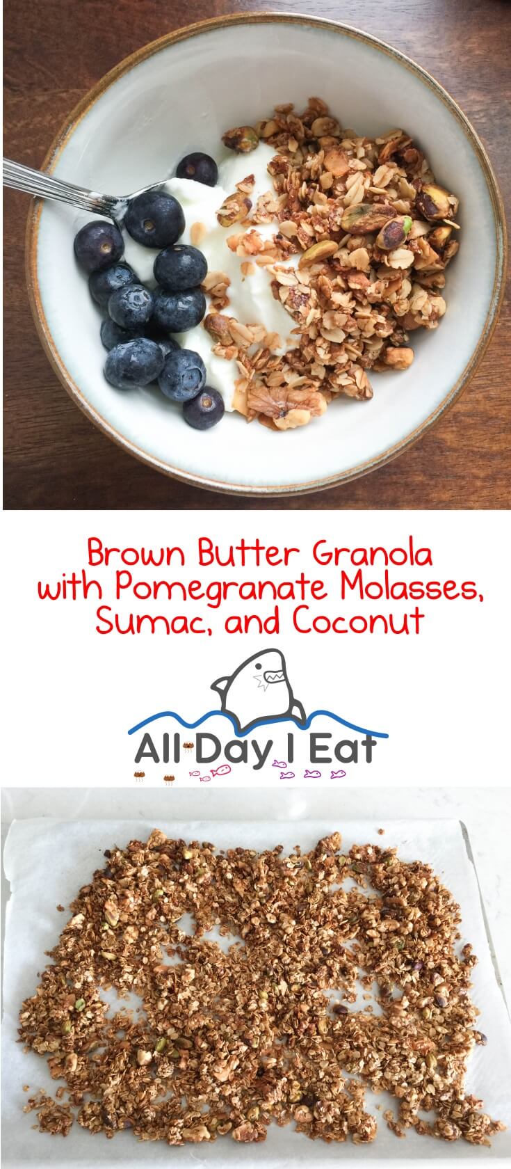 Brown Butter Granola with Pomegranate Molasses, Sumac, and Coconut. A declious and indulgent granola that is sure to impress! | www.alldayieat.com