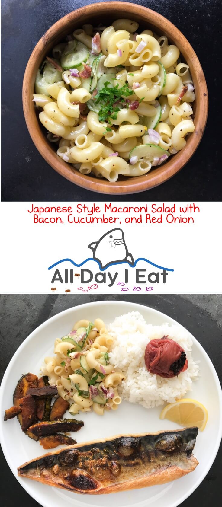 Japanese Style Macaroni Salad with Bacon, Cucumber, and Red Onion. A light tasting side that can accompany almost any entree! | www.alldayieat.com