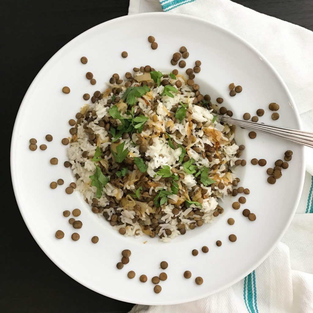 Mujaddara with Lentils, Rice, Fried Onions & Spiced Yogurt top view