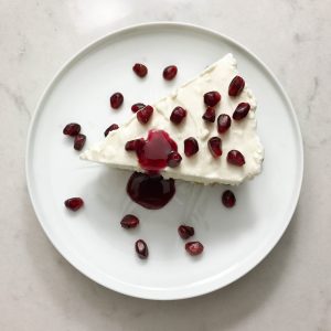 slice of greek yogurt cheesecake angle top view