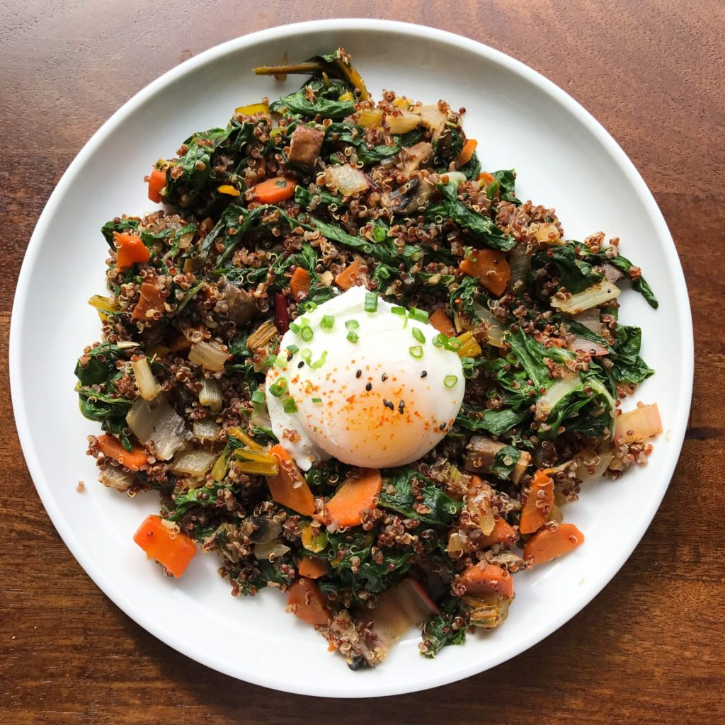 Red Quinoa, Chard, Carrots, Onion, and Poached Egg