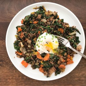 Red Quinoa, Chard, Carrots, Onion, and Poached Egg