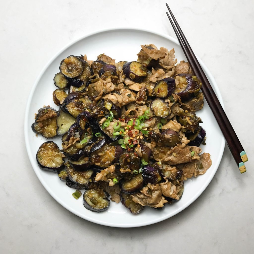 japanese egg plant with stir fry pork in soy