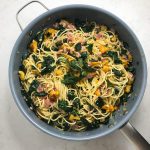spaghetti with pancetta, kale, and butter squash top view
