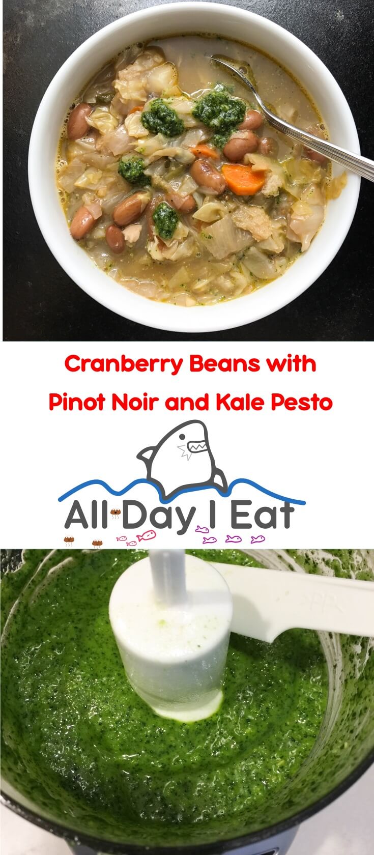 Cranberry Beans with Pinot Noir and Kale Pesto. A delicious and healthy way to get more beans and vegetables in your diet. A little wine is the secret to creating a delicate flavor in this hearty soup. | www.alldayieat.com