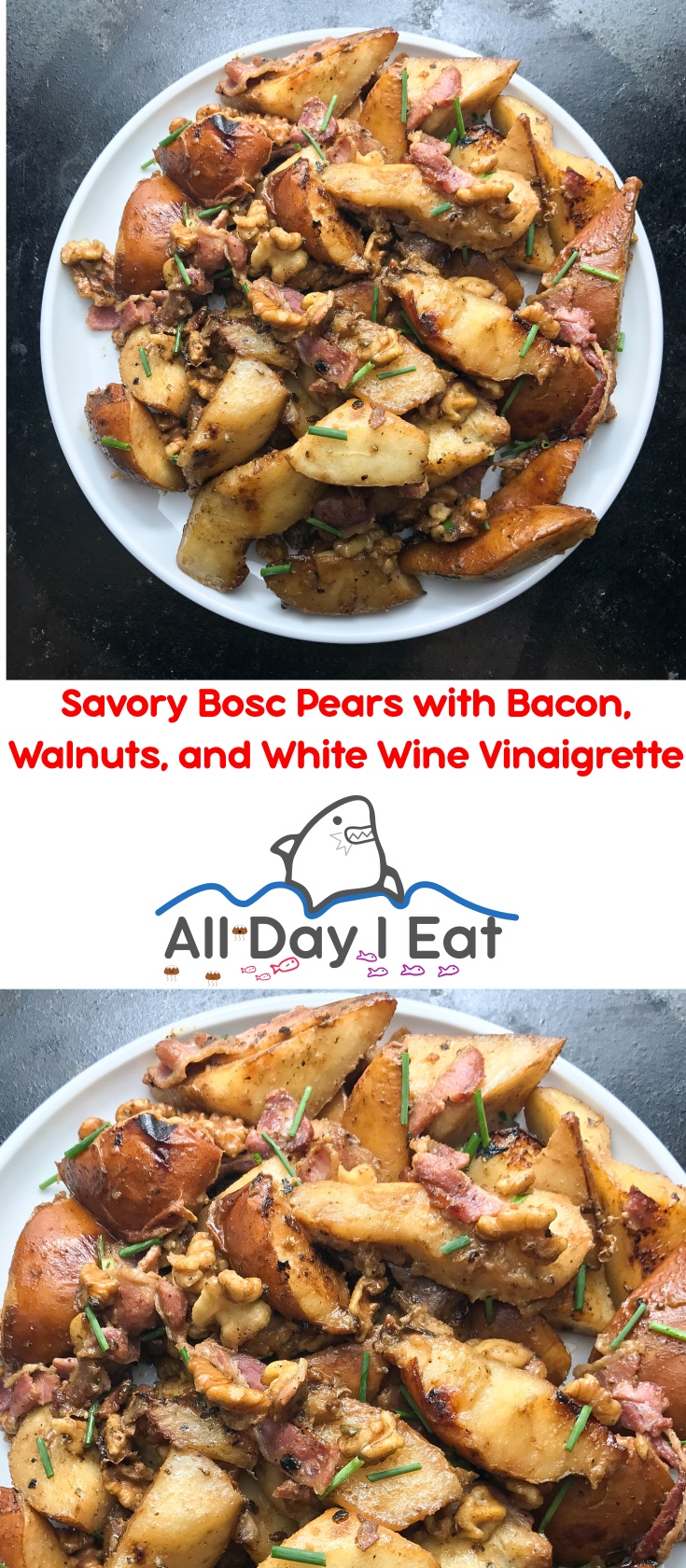 Savory Bosc Pears with Bacon, Walnuts, and White Wine Vinaigrette | www.alldayieat.com
