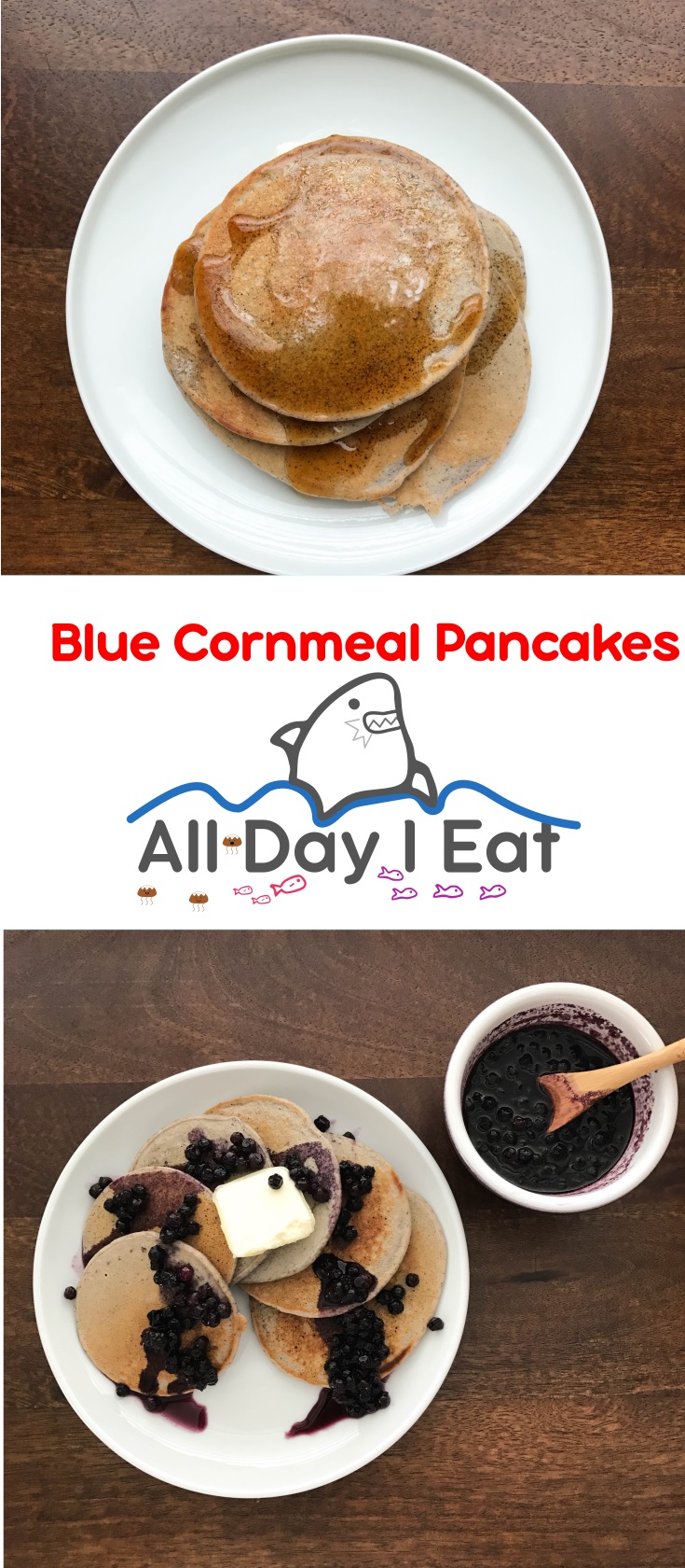 Blue Cornmeal Pancakes! An easy and delicious alternative to flour based pancakes! Cornmeal adds texture and nutrition to your favorite breakfast meal. | www.alldayieat.com