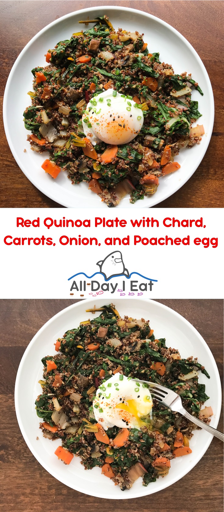 Red Quinoa Plate with Chard, Carrots, Onion, and Poached Egg| www.alldayieat.com