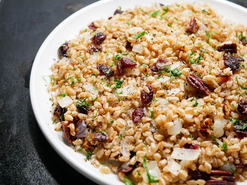 Warm Farro Recipe with Buttered Onions, Cranberries & Pecans