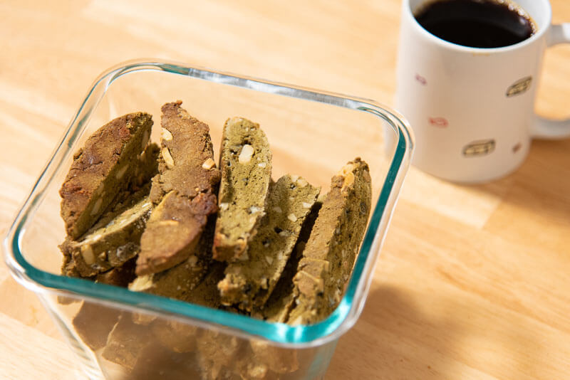 matcha biscotti with whole wheat pastry flour coffee