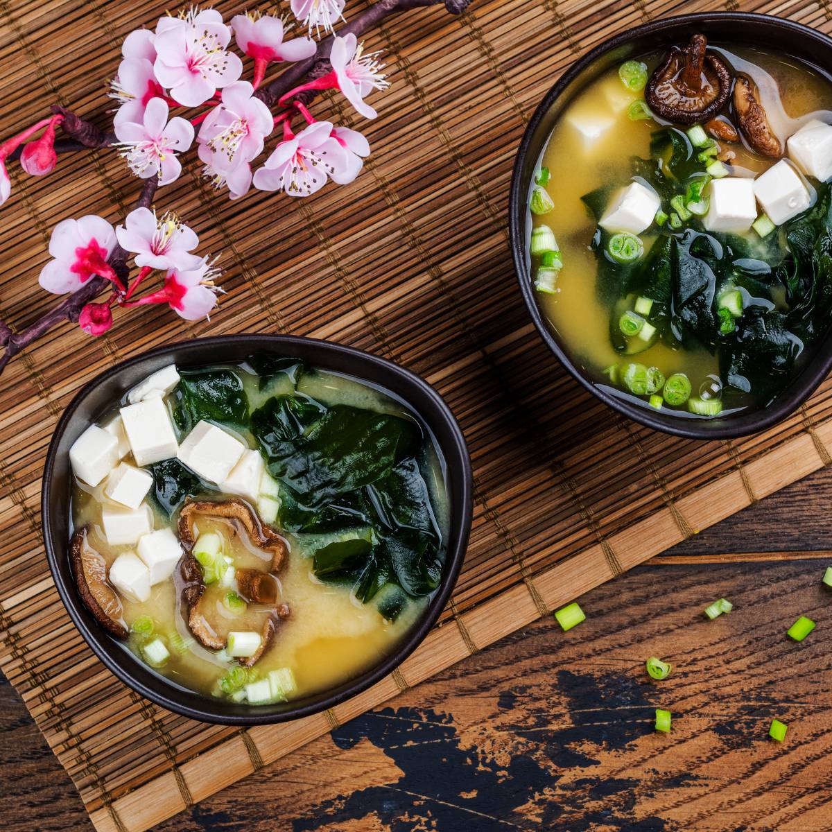 Bowls of miso soup made from miso paste