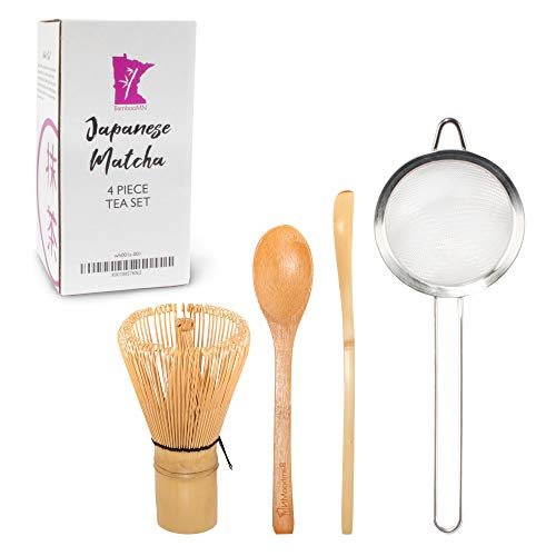 BambooMN Japanese Tea Set, Matcha Whisk (Chasen), Tea Strainer, Traditional Scoop (Chashaku), Teaspoon, The Perfect Set to Prepare a Traditional Cup of Matcha 