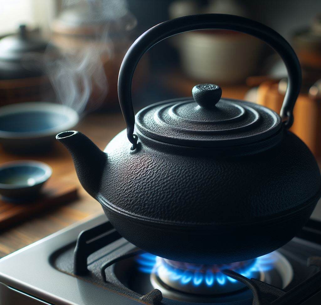 a cast iron japanese tea pot on a stove