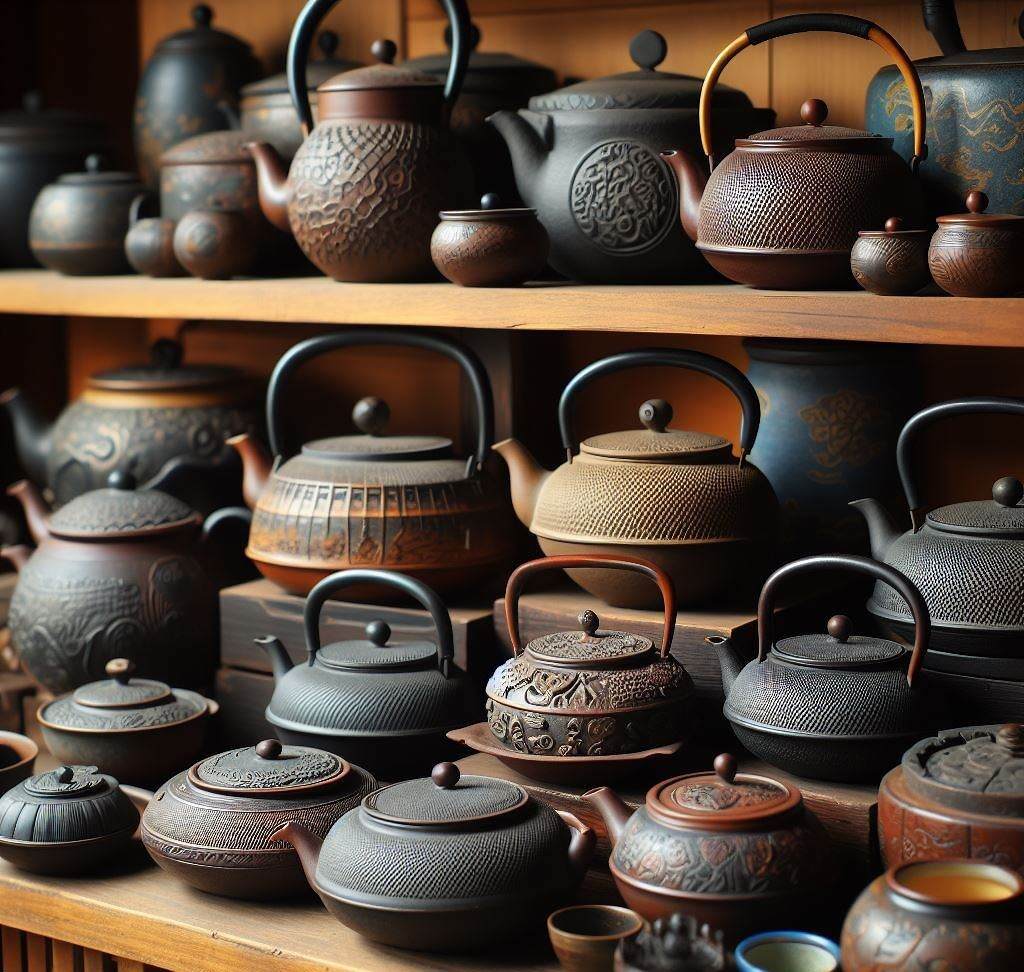 several iron teapots in wooden shelves