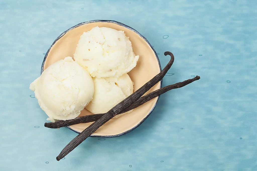 Vanilla ice cream featuring a native vanilla bean powder topping, showcased in a delicate bowl on a smooth blue surface.
