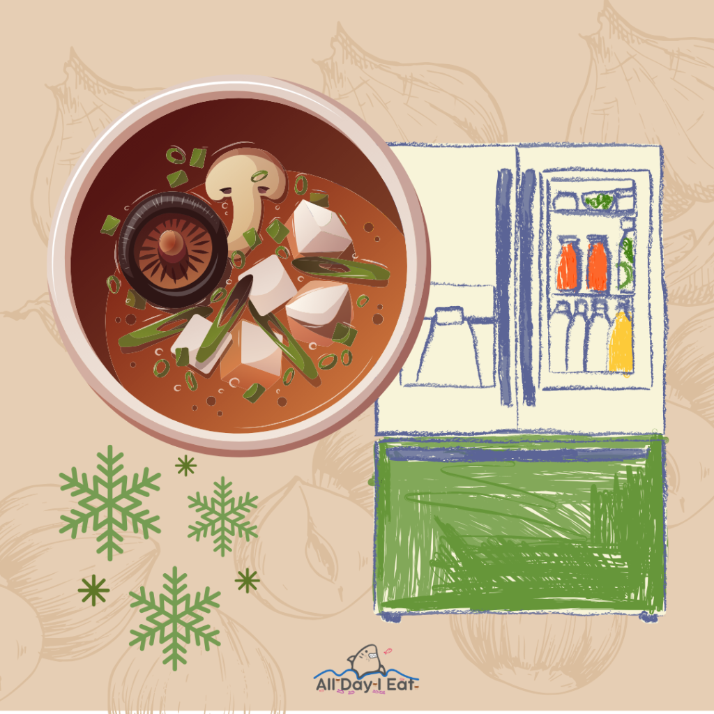 A drawing of a bowl of miso soup next to a freezer.