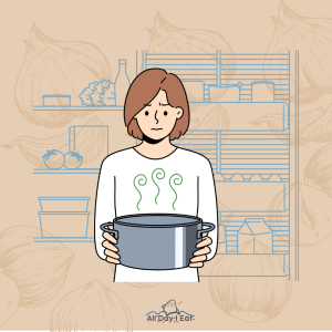 A cartoon illustration of a woman freezing miso soup.