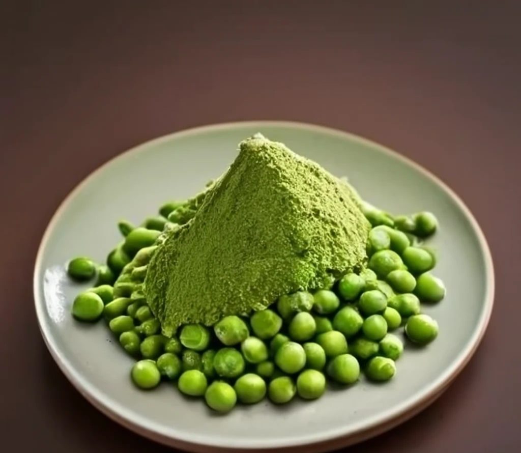 Matcha powder on a plate with wasabi peas.