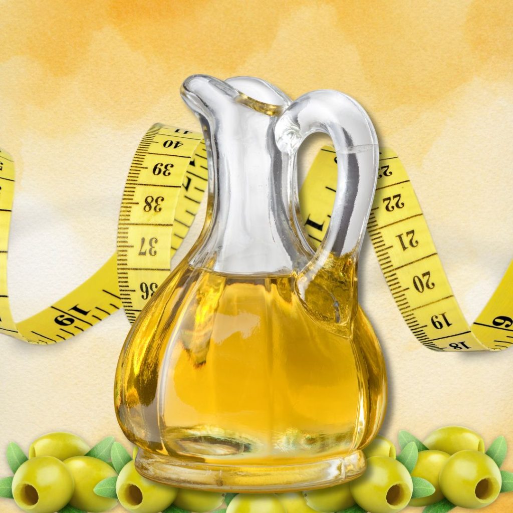 A bottle of extra virgin olive oil lay on a set of olives before a measuring tape.