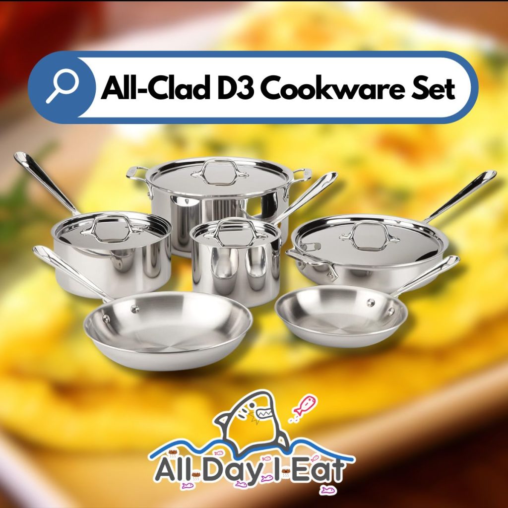 A graphic shows the All-Clad D-3 Cookware displayed on a blurry photo of vegetables. (All-Clad D3 Review)
