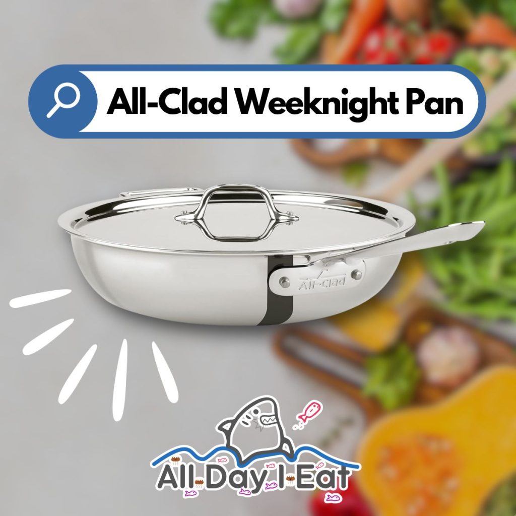 A graphic shows the All-Clad Weeknight Pan displayed on a blurry photo of vegetables. (All-Clad Weeknight Pan Review)
