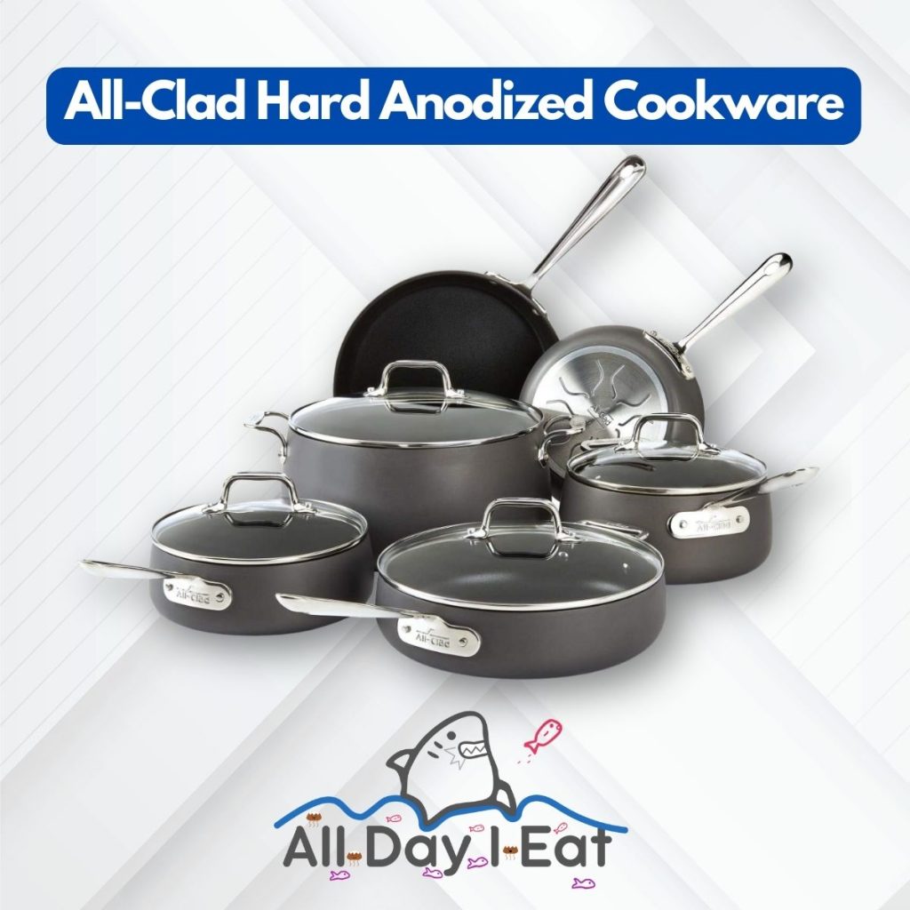 A set of All-Clad Hard Anodized Cookware is displayed on a white background along with the text. (All Clad Hard Anodized Review)