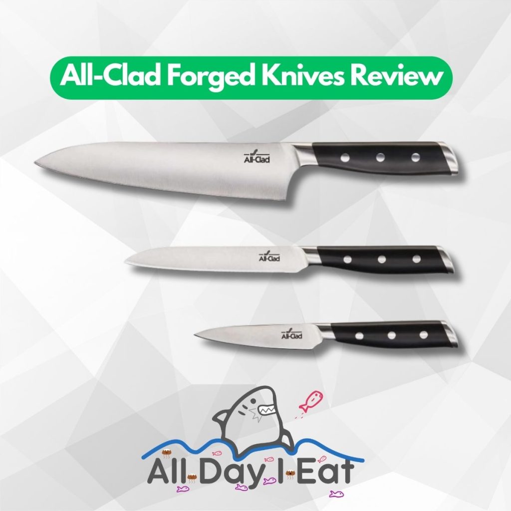 All-Clad forged knives are displayed on a white background with the text "All-Clad Forged Knives Review."