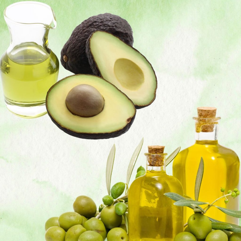 Avocado oil and extra virgin olive oil are adjacent in one frame.