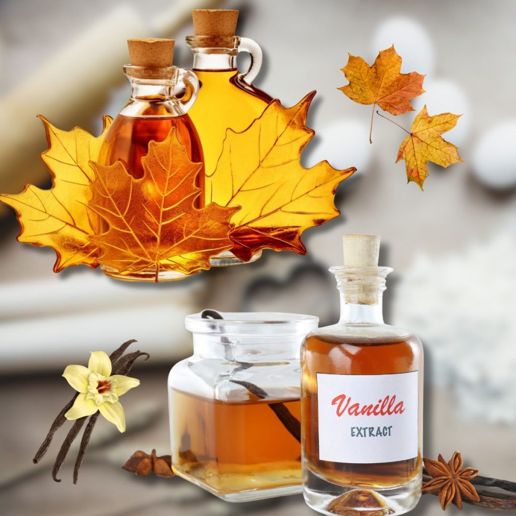 Maple syrups and vanilla extracts are laid together in one frame.