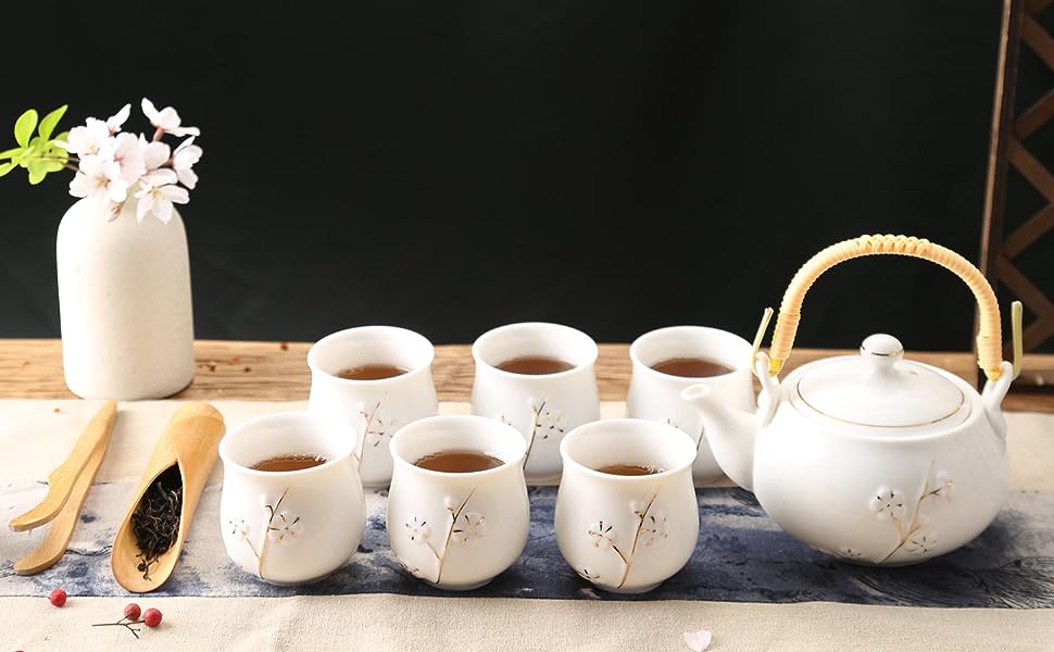 Japanese White Porcelain Tea Set on a table