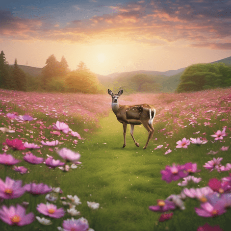 Deer walking away from a field of Cosmos