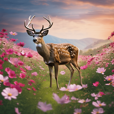 a deer looking around the field of cosmos flowers