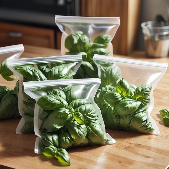 basil leaves inside several small zip lock bags on a kitchen table